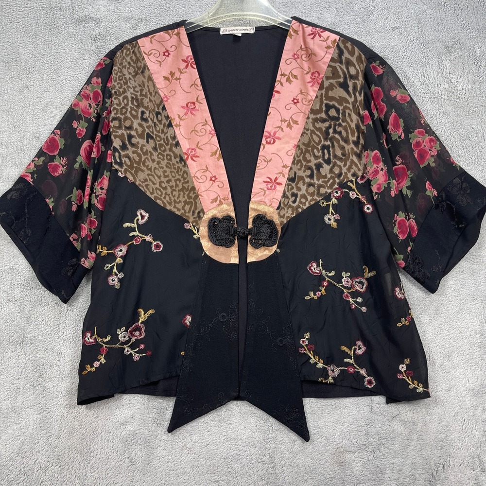 Spencer Alexis Kimono Top Womens S Black Floral Leopard Mixed Print Frog